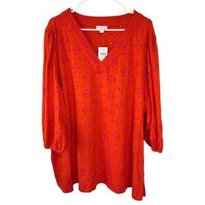 J. Jill Orange and Pink Eyelet Tunic V-Neck Top Size 3X